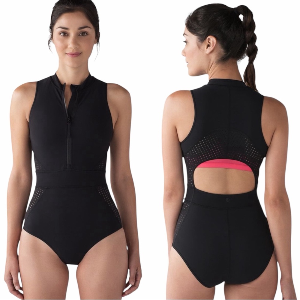 Lululemon – Wild Abandon One Piece Swimsuit Black Zip Front Cutout Back – Sz. 10